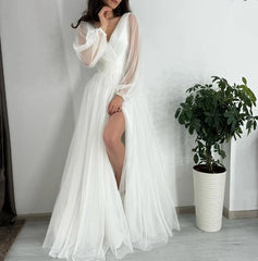 Floor Length A-Line Fit & Flare with Long Sleeves and Side Slit Bridal Dress White A-Line Maxi with Sleeves