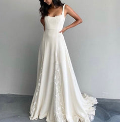 With Lace Detail And Train Boho Style Aline Wedding Dress Custom Square Neckline Wedding Dress For Brides