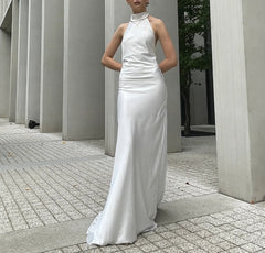 Wedding Dress In Ivory Beach Dress Halter Top With Open Back Satin Simple Wedding Dress