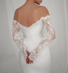 Elegant satin Off-Shoulder Lace Sleeve Bridal Gown with Classic Corset & Train. Open low back wedding delicate dress