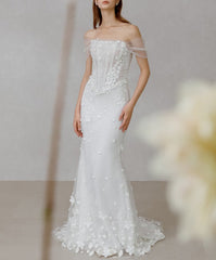 Luxurious off shoulder wedding dress with train corset strapless mermaid wedding dress