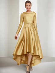 A-Line Mother of the Bride Dress Elegant Jewel Neck Asymmetrical Satin Long Sleeve with