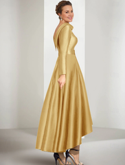 A-shaped bride mother dress elegant gemstone collar asymmetrical satin long sleeved belt/ribbon 2025