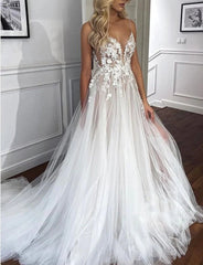 V Neck Lace A Line Tulle Appliques Wedding Dress With