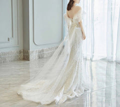 Mermaid Sequins Wedding Dress Off Shoulder Long Evening Dress with Train