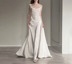 French Spaghetti Strap Long Prom Dress White Satin V back Wedding Dress