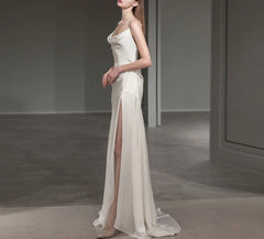 French Spaghetti Strap Long Prom Dress White Satin V back Wedding Dress