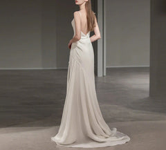 French Spaghetti Strap Long Prom Dress White Satin V back Wedding Dress