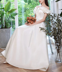 Off Shoulder Satin White Wedding Dress A Line Prom Dress