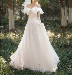 White Off Shoulder Wedding Dress Long Prom Dress with