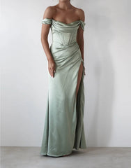 A-Line Off-the-Shoulder Split formal bridesmaid dress