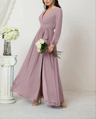 V-Neck Chiffon Bridesmaid Dresses Long Bishop Sleeve Side Split Formal Dress