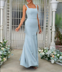 Sheath Column Stretch Crepe Bowknot Straps Sleeveless Floor-Length Bridesmaid Dresses