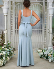 Sheath Column Stretch Crepe Bowknot Straps Sleeveless Floor-Length Bridesmaid Dresses