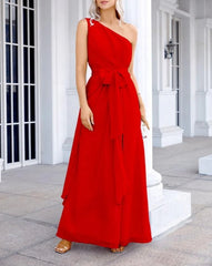 Ladies Chiffon One Shoulder Bridesmaid Evening Dress Wedding Party Evening Dress