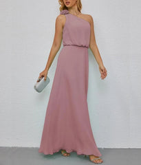 One Shoulder Sleeveless Long Bridesmaid Dresses A-line Formal Evening Gown Side Split