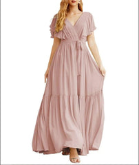 Formal Evening Party Prom Gowns V-Neck Long Chiffon Bridesmaid Dresses with Waist Belt