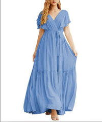 Formal Evening Party Prom Gowns V-Neck Long Chiffon Bridesmaid Dresses with Waist Belt