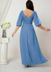 Formal Prom Gown Women V-Neck Chiffon Bridesmaid Dresses Long Bishop Sleeve Party Dress