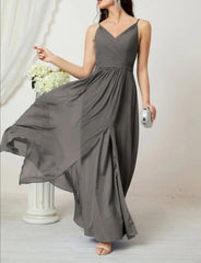 V-Neck Bridesmaid Dress Spaghetti Strap Long Formal Party Prom Gowns with Slit
