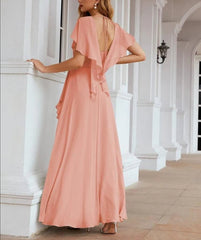 Chiffon Bridesmaid Dresses Long Formal Evening Prom Mother of The Bride Dress with Flutter Sleeve