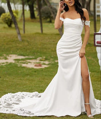 Sheath Column Stretch Crepe Lace Off-the-Shoulder Sleeveless Cathedral Train Wedding Dresses