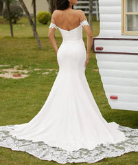 Sheath Column Stretch Crepe Lace Off-the-Shoulder Sleeveless Cathedral Train Wedding Dresses