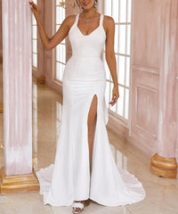 Sheath Column Stretch Crepe Bowknot V-neck Sleeveless Sweep/Brush Train Wedding Dresses