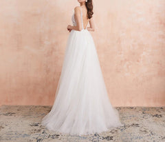 V Neck Wedding Dress White Ivory Sexy High Splits Beaded Beading Pearls Crystal A Line Backless Bridal Gown Vestido