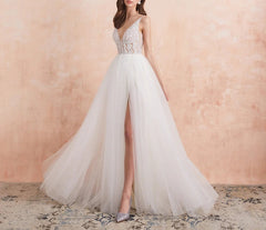 V Neck Wedding Dress White Ivory Sexy High Splits Beaded Beading Pearls Crystal A Line Backless Bridal Gown Vestido