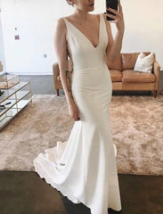 Elegant Mermaid V-neck Open Back Sleeveless Soft Satin Long Wedding Dresses