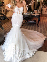 Tulle Mermaid Sweetheart Lace Appliques Wedding Dresses