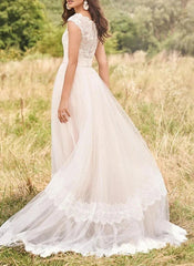 Tulle Lace A-line V-neck Cap Sleeves Rustic Wedding Dresses Bridal Gown