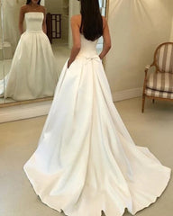 Straps Simple Ivory Satin A-line Pleated Wedding Dresses with Court Train Bridal Dresses