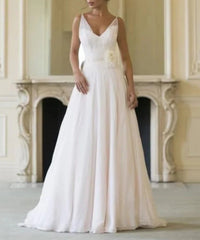 Simple Chiffon A-line V-neck Sleeveless Floor Length Beach Wedding Dresses