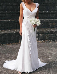 A-line V-neck Ruffles Beach Wedding Dresses Wedding Gown