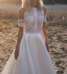A-Line Wedding Dresses Sexy Illusion O Neck Off Shoulder Button Cut-Out Lace Appliqued New Long Bridal Gowns Custom