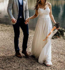 A-line Lace Spaghetti Straps Beach Wedding Dresses With Train