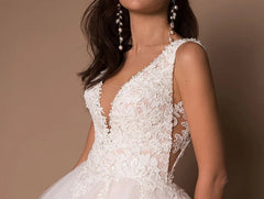 V-neck Sleeveless Wedding Dresses Vestidos Custom Design Sleeveless Beading Applique Ball Gown Wedding Dress