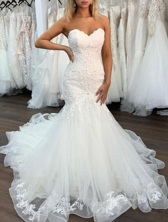 Sexy Lace Mermaid Sweetheart Wedding Dress With Ruffles Bridal Gown