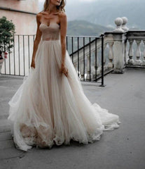 Rustic Tulle Pleated A-line Sweetheart Wedding Dresses Bridal Gown