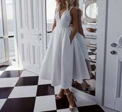 A-Line Tea Length Wedding Dresses Jersey Pleat V-Neck Appliques Sleeveless Backless Bridal Gowns Vestido De Novia