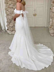 Ivory Satin Mermaid Off-the-Shoulder Simple Wedding Dress Bridal Gown