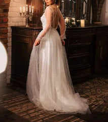 Ivory Tulle A-line Scoop Long Sleeves Beaded Bohemian Wedding Dresses