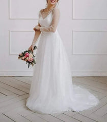 Ivory Tulle A-line Scoop Long Sleeves Beaded Bohemian Wedding Dresses