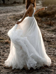 Tulle A-line Deep V-neck Backless Spaghetti Straps Wedding Dresses