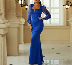 Elegant Royal Blue Mermaid / Trumpet Prom Dress With Sheer Sleeves