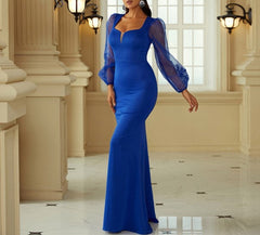 Elegant Royal Blue Mermaid / Trumpet Prom Dress With Sheer Sleeves