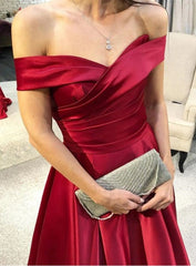 Burgundy A-Line/Princess Satin Ruched Off The Shoulder Prom Dresses