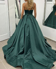 Teal Spaghetti Straps Ball Gown Long Satin V-Neck Prom Dresses